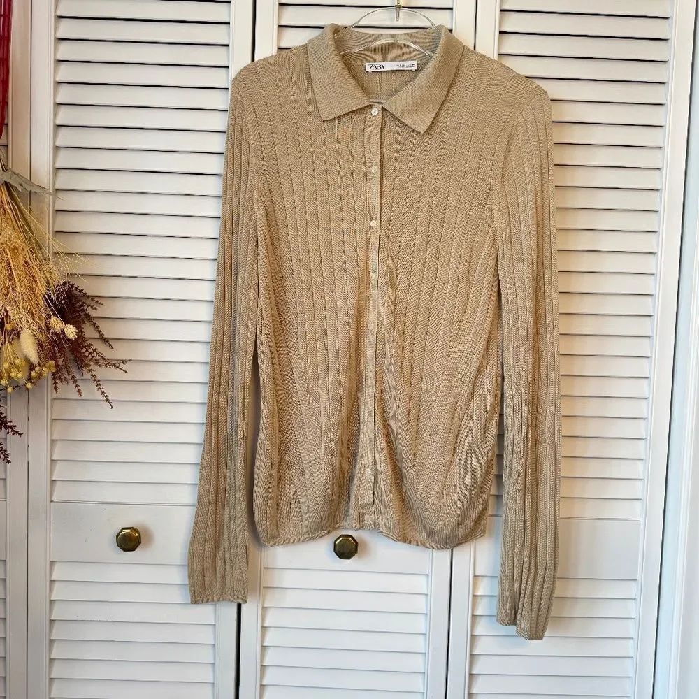 Zara beige Ribbed Button-Up Cardigan, Silk - L